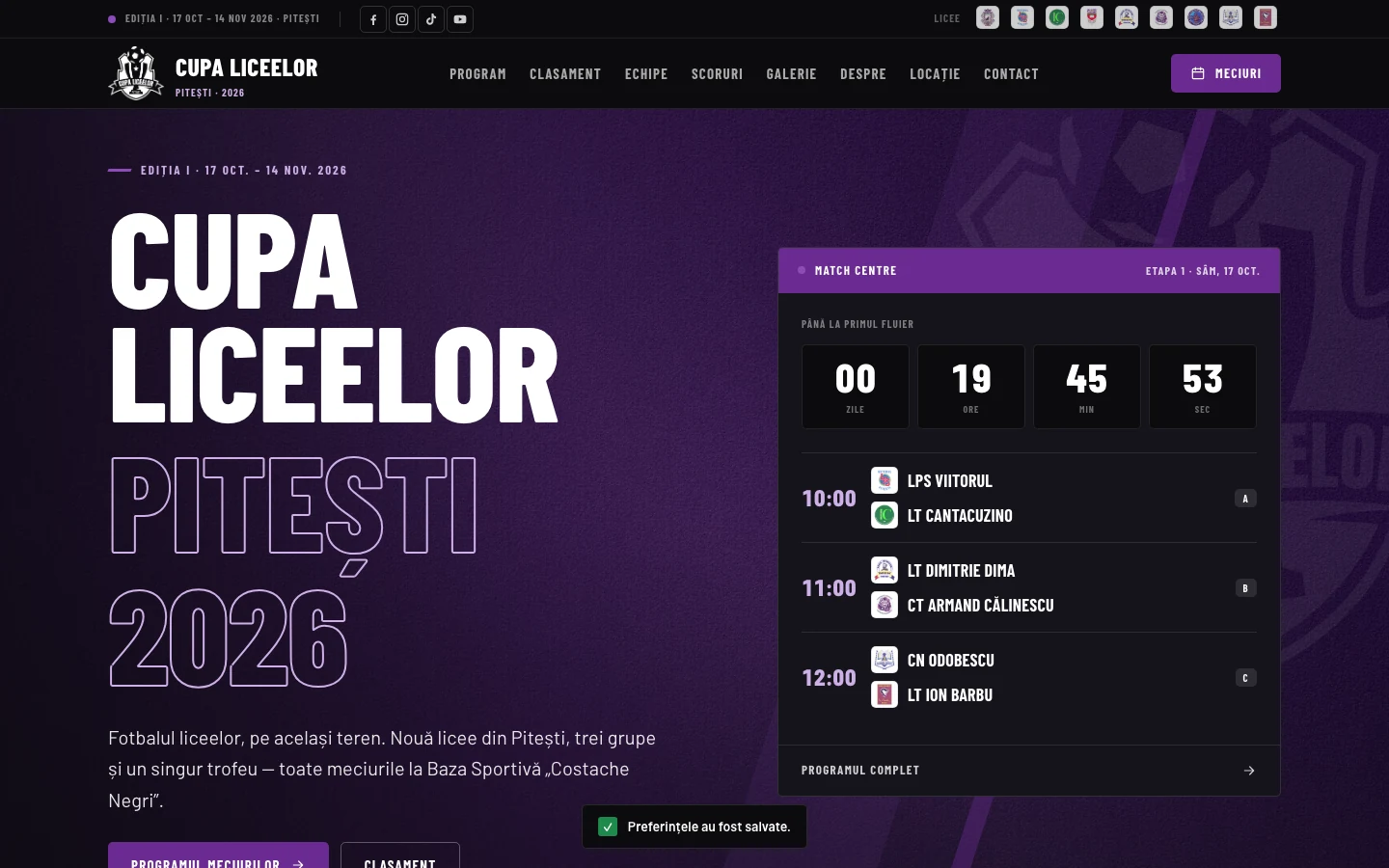 Cupa Liceelor Pitești — Site competiție de fotbal — program, clasament, echipe, scoruri live